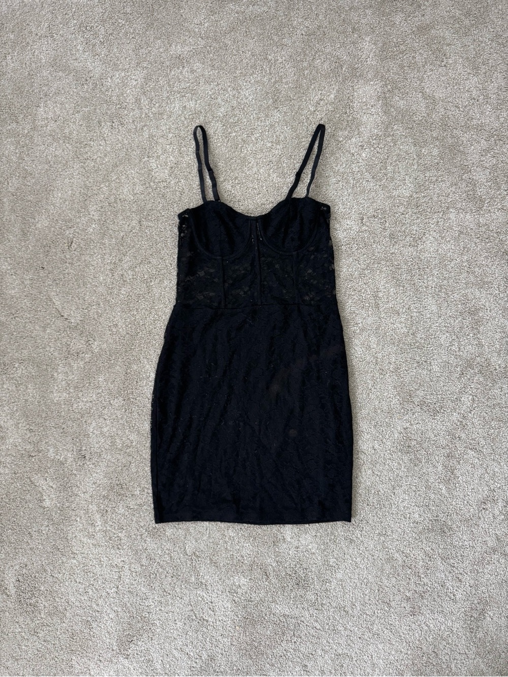 Divided Black Lace Mini Dress with Spaghetti Straps